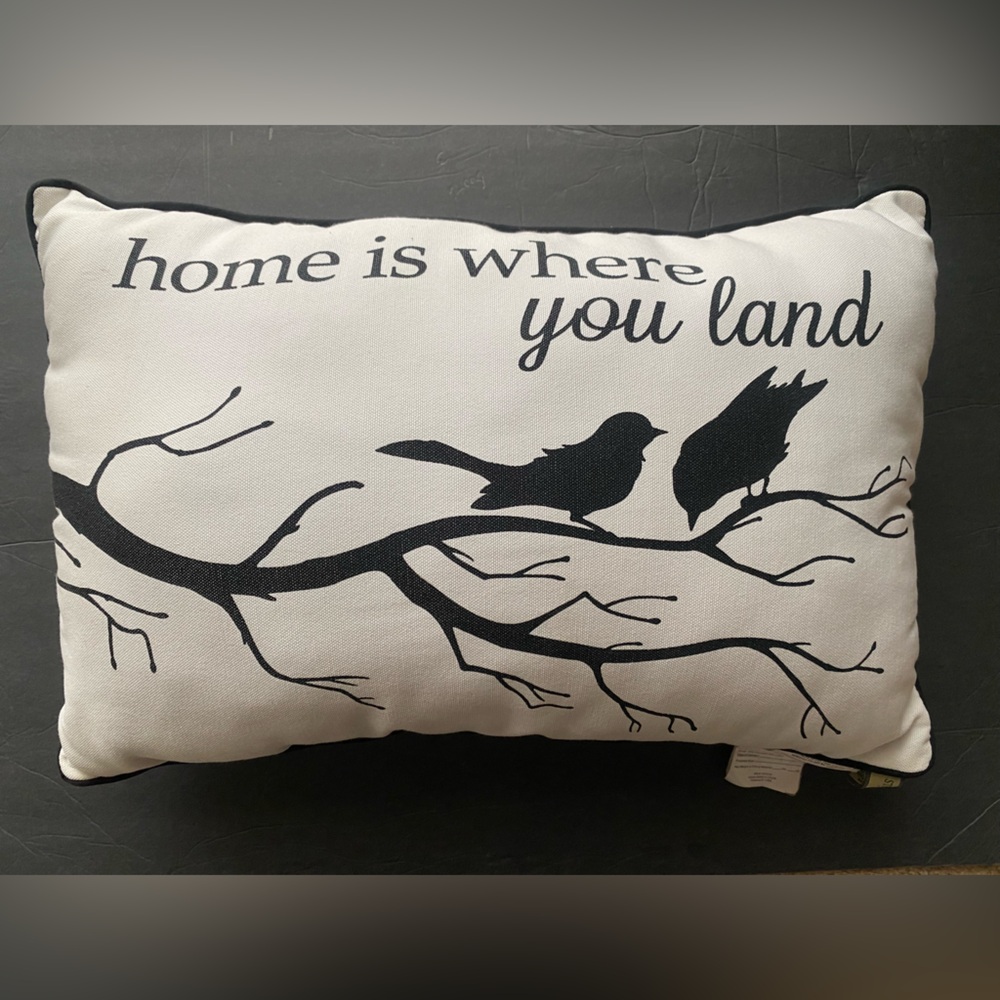 Stratford Home black white home is where you land bird branch silhouette pillow